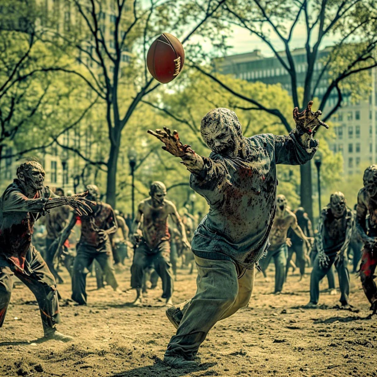 Observa cómo los zombies combinan habilidades estratégicas en partidas de ajedrez con la emoción del fútbol nocturno en su búsqueda de entretenimiento.