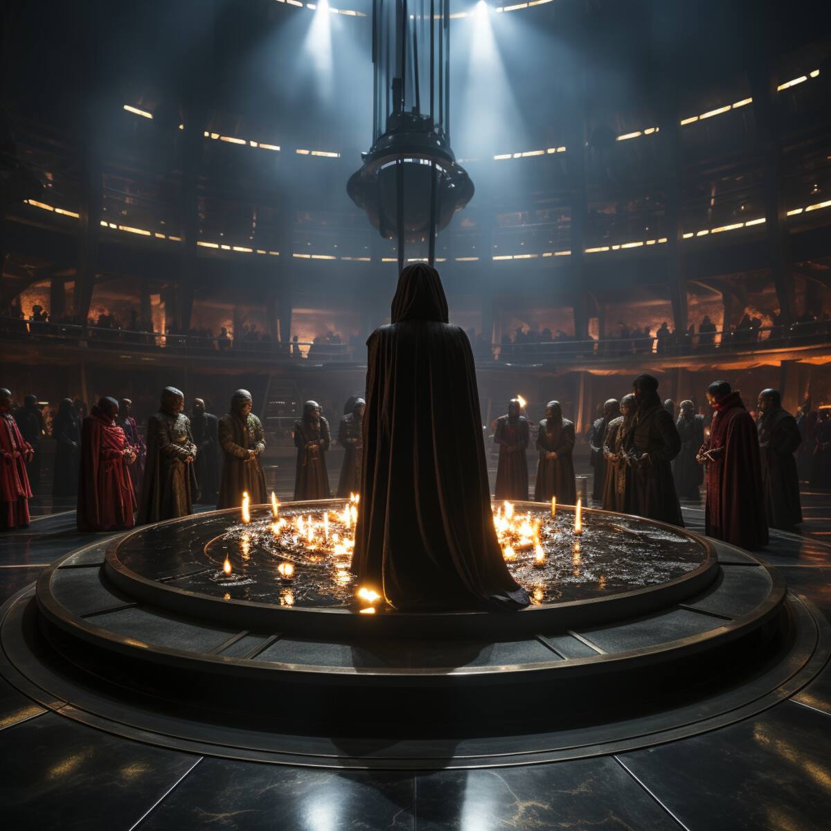 En salones decorados con símbolos antiguos, el Consejo Jedi primitivo discute el destino de la Orden. Animaciones faciales realistas expresan tensiones y decisiones cruciales.