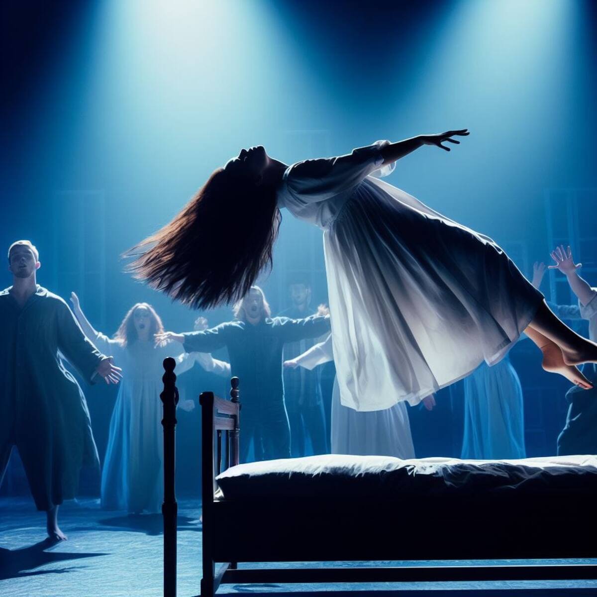 Regan se eleva por los cielos de su cama; hay espectadores alrededor.