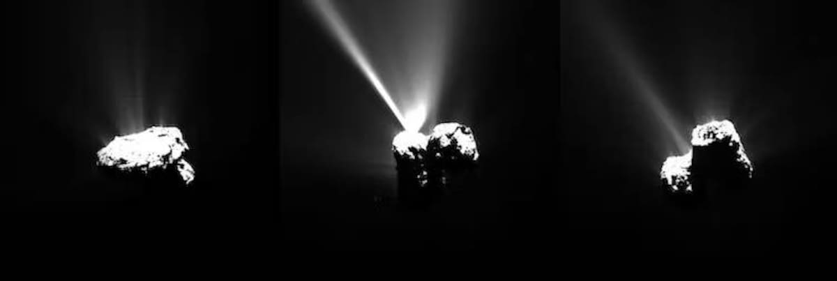 Rosetta/ESA capturó imágenes del cometa 67P/Churyumov-Gerasimenko cerca del perihelio, mostrando potentes chorros de partículas por la sublimación de regiones heladas expuestas a la luz solar.