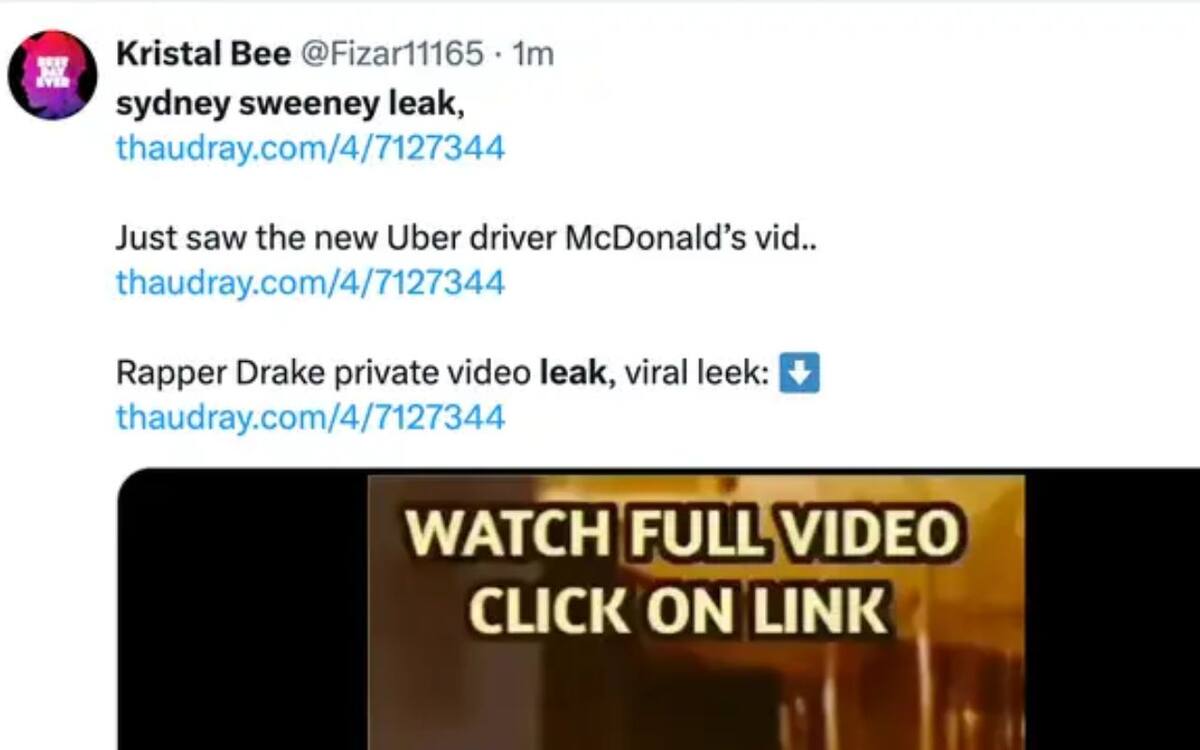 Un ejemplo del tipo de publicaciones circulando en Twitter en donde se promete material ilegal de la popular actriz estadunidense. Fuente: Captura de pantalla/X.