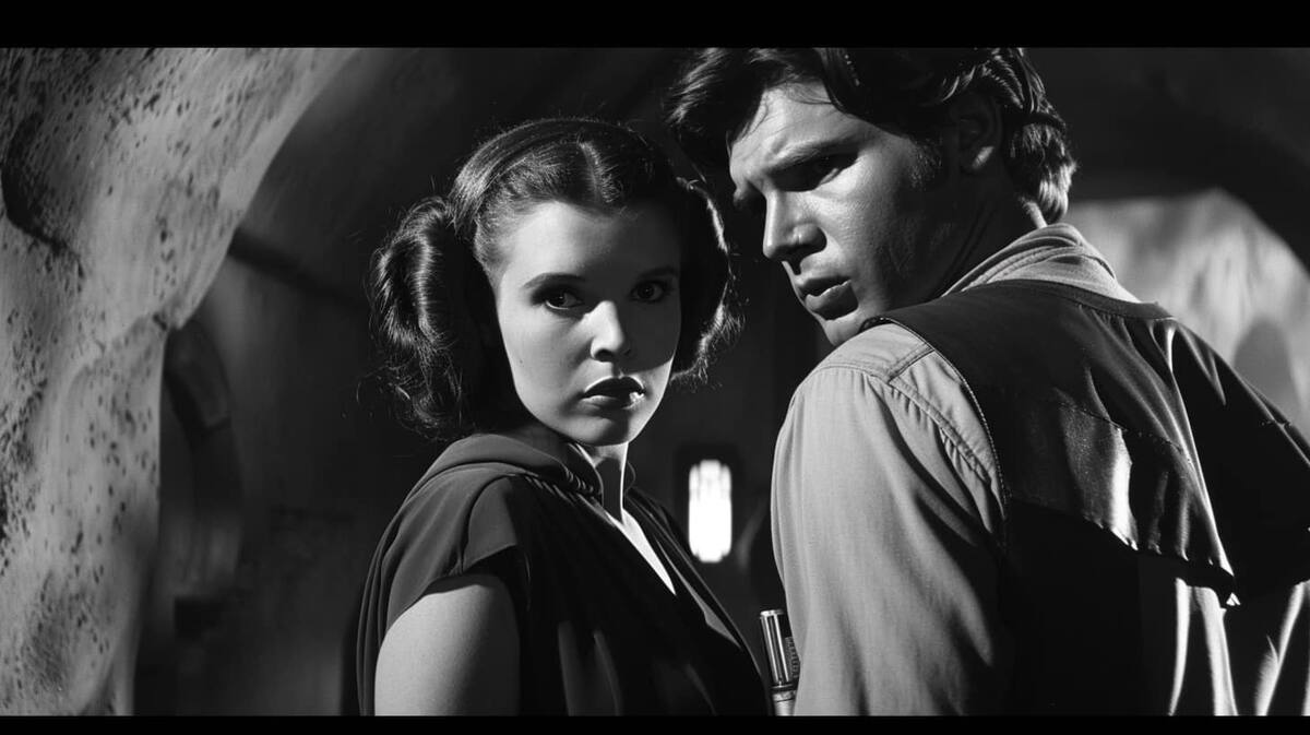 Han Solo y la princesa Leia en estilo noir según una IA