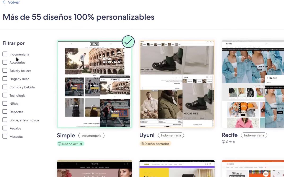 La mayoría de las plataformas para crear tiendas en línea te ofrecerán plantillas prediseñadas para que sólo escojas la sientas que mejor vaya con lo que deseas vender.
