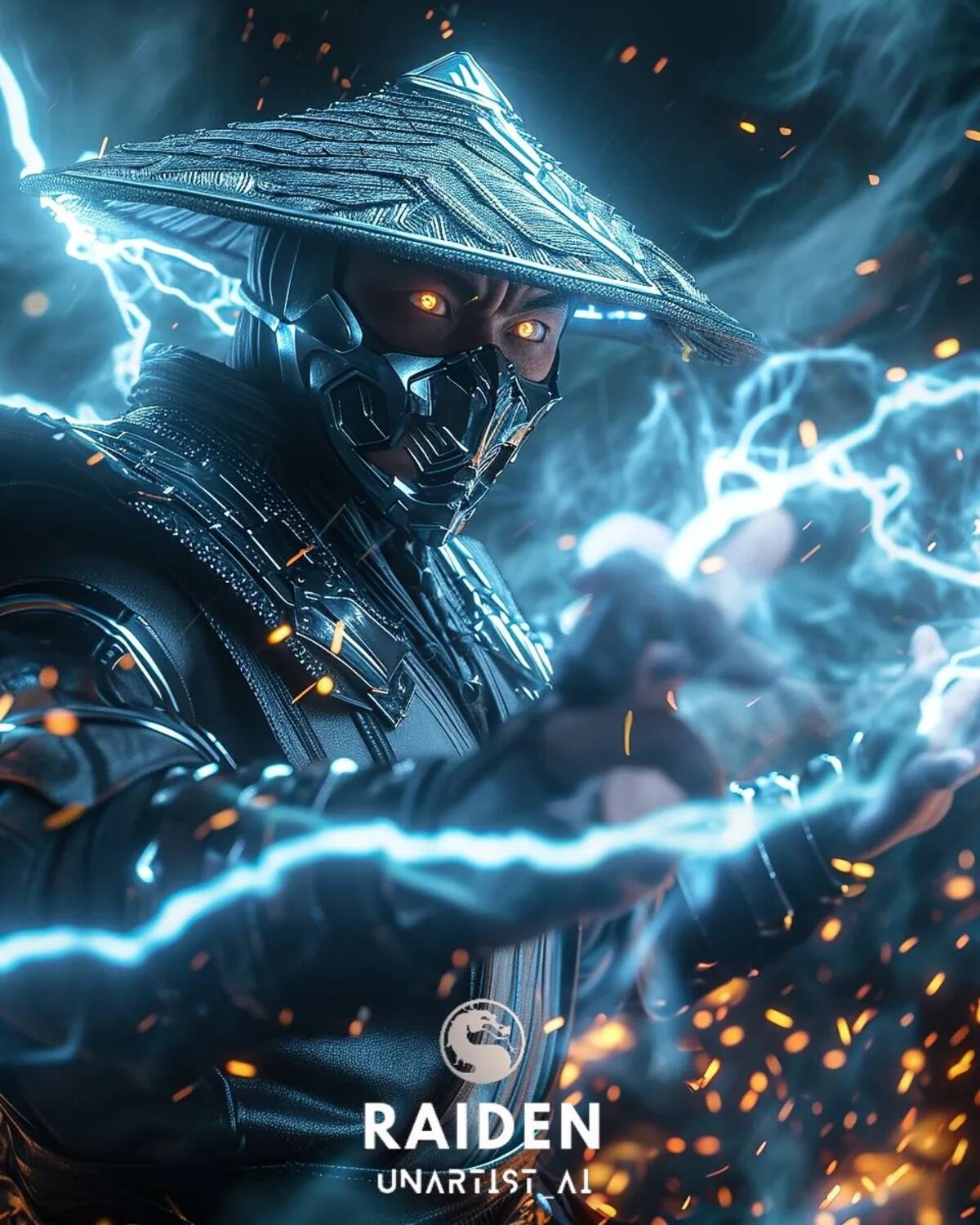 Raiden desata mortales relámpagos, siendo un dios del trueno en Mortal Kombat.