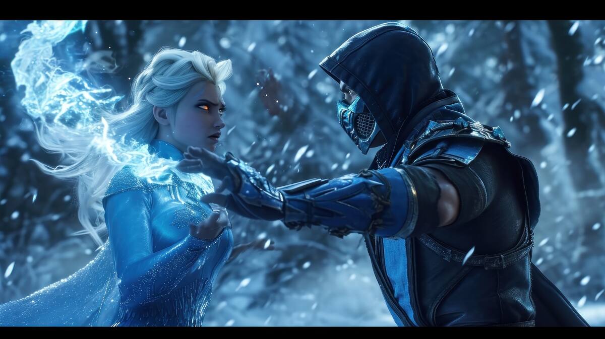 Blu-ray screengrab 32k a picture scene Elsa from Frozen fighting with Sub-zero from Mortal Kombat Unreal Engine 5 --ar 16:9 --v 6 Job ID: 5b10c3a7-3649-43e4-a1f2-56282bc2882a