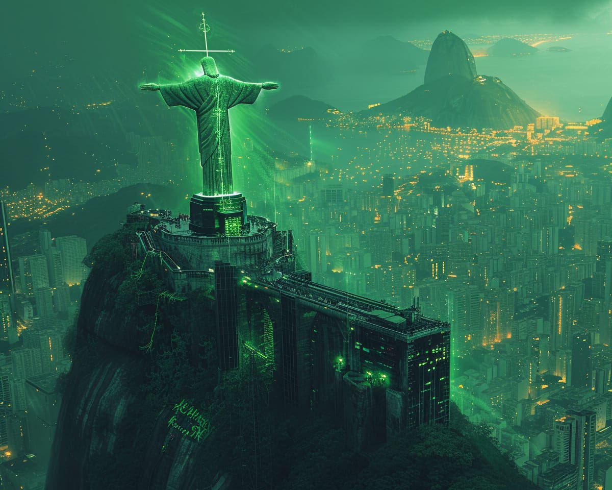 Jesucristo Redentor en estética Cyberpunk según una IA