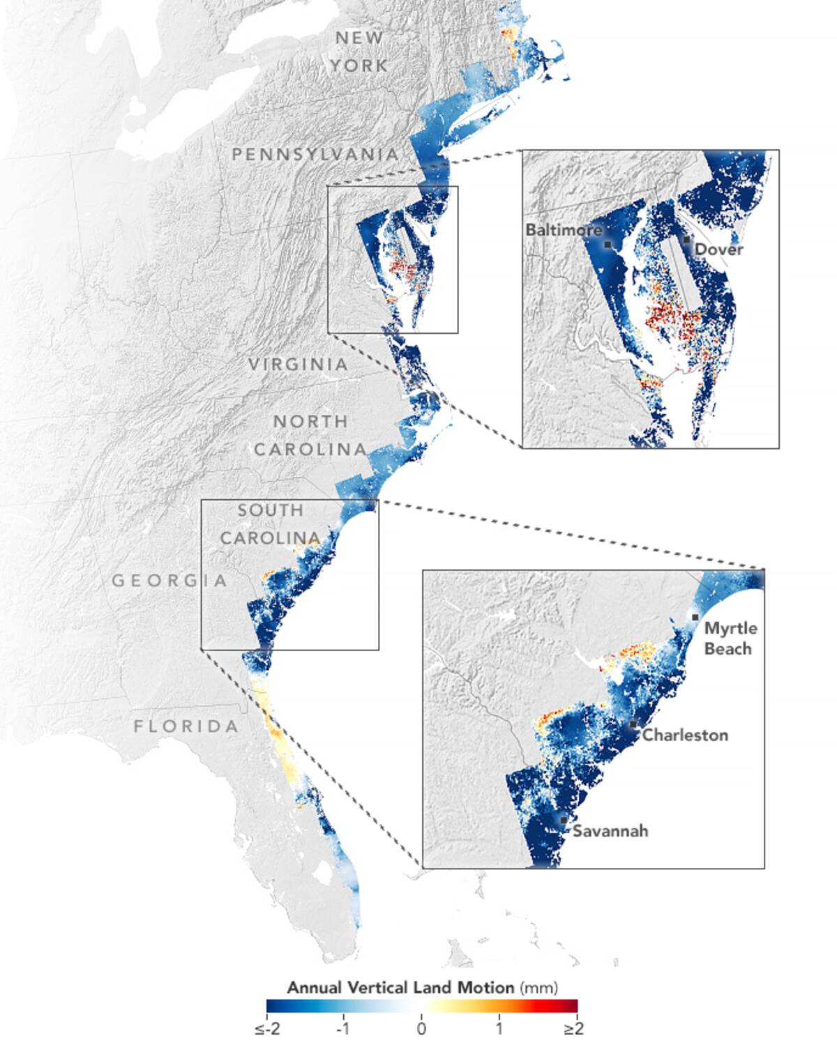 Investigadores usaron datos satelitales y GPS para rastrear el movimiento del suelo desde Nueva Inglaterra hasta Florida. (Crédito de la imagen: NASA Earth Observatory/Lauren Dauphin, datos de Ohenhen, Leonard O., et al. (2023))