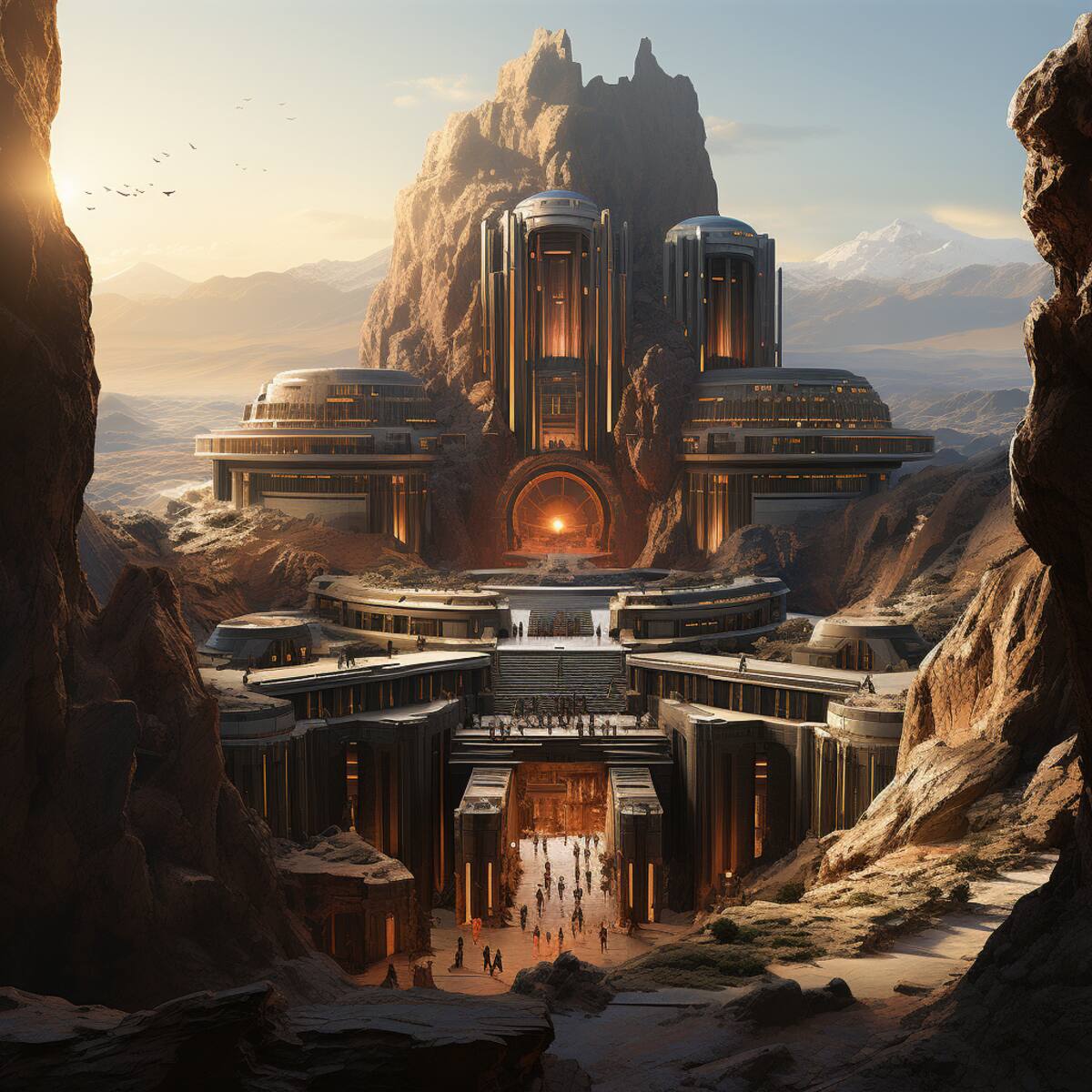 El primer Templo Jedi, majestuoso y arquitectónicamente impresionante, se erige en las montañas, con detalles de Jedi practicando y artefactos antiguos en sus recintos.