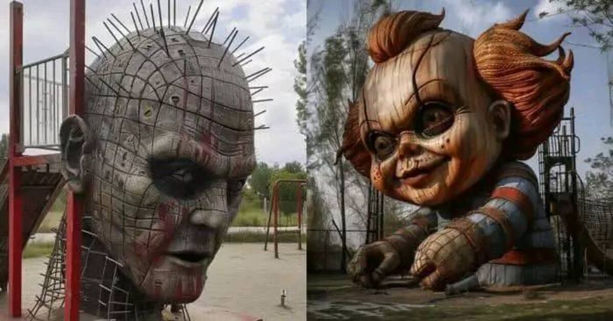 Pinhead y Chucky como cabezas gigantes en un parque de diversiones
