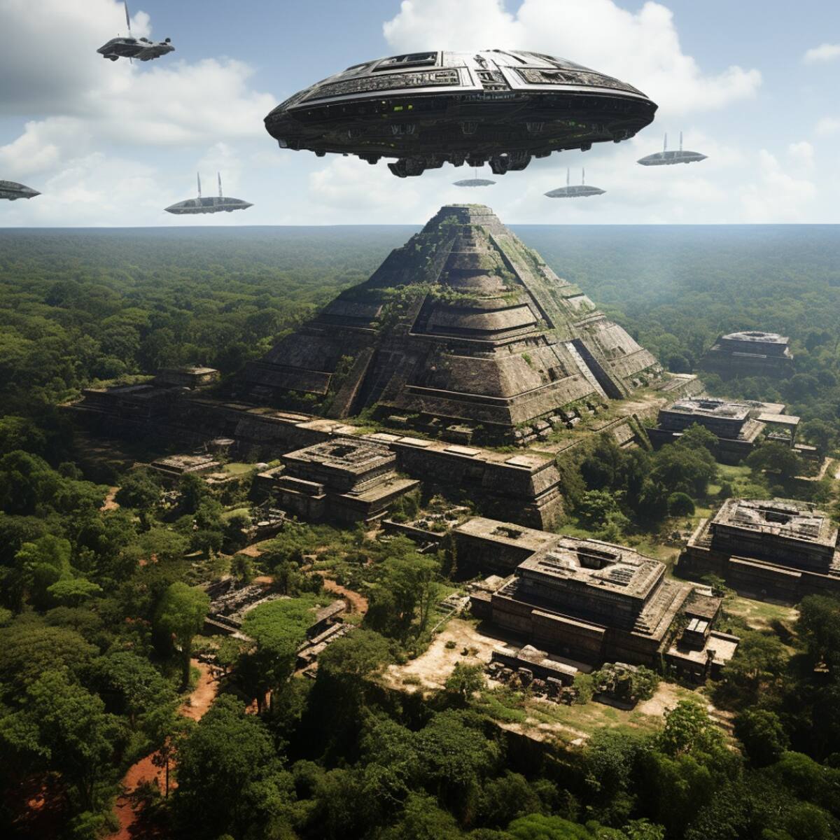 Nave futurística sobre una pirámide maya.