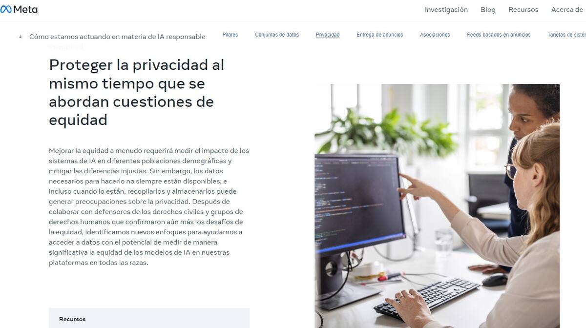 En su página web dedicada a explicar sus principios de desarrollo de IA, Meta contempla diversas problemáticas modernas, desde la equidad de género hasta la propagación de información falsa en redes.