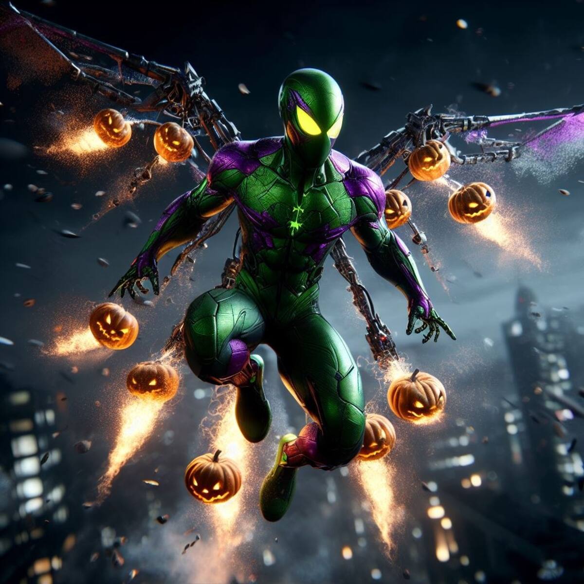 Spiderman y el Duende Verde en fusión apunto de lanzar una bomba.│ Crédito Supernal Studios