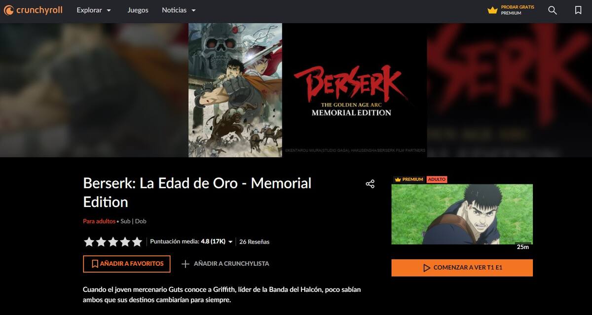 Las adaptaciones animadas de Berserk se pueden ver en distintas plataformas en México.