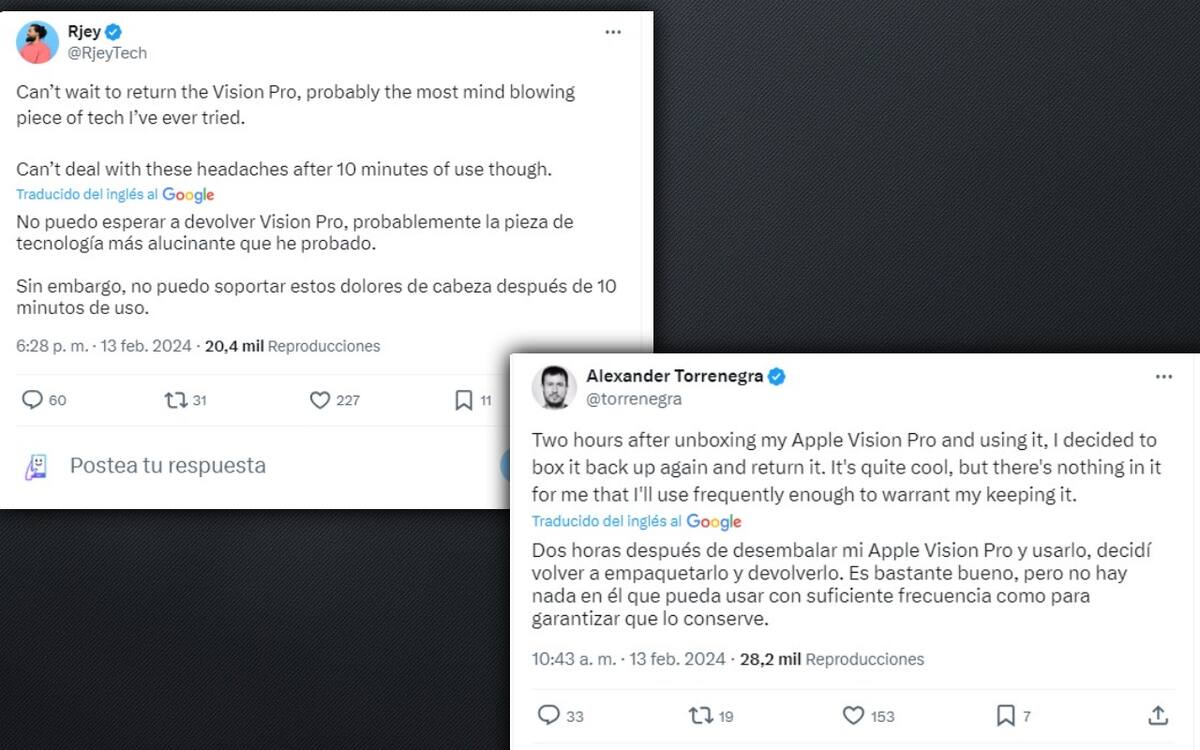 Como evidencian los Tweets vertidos en X, el nuevo lente de realidad virtual y aumentada de Apple podría tener efectos secundarios bastante desalentadores. Fuente: X.