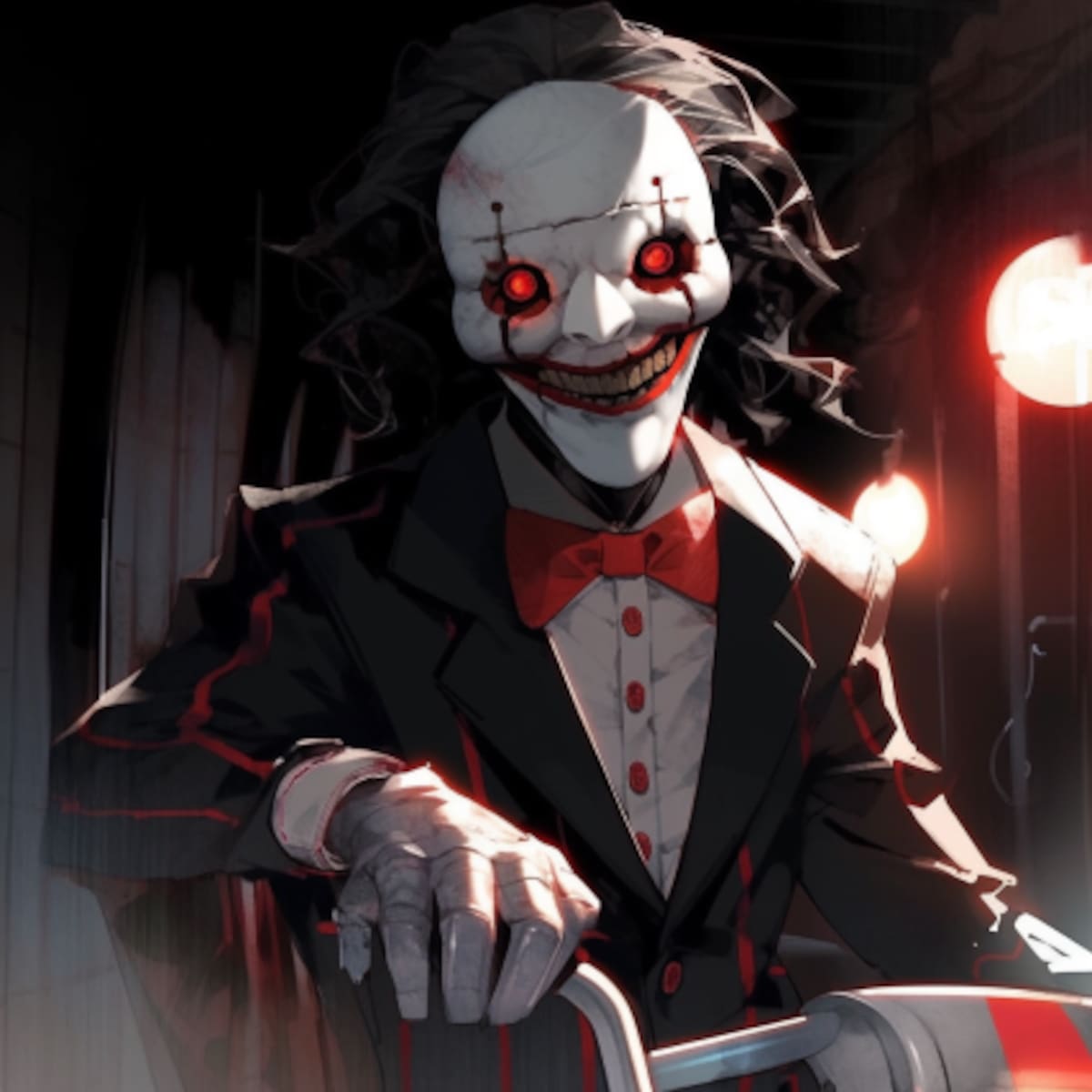 Midjourney imagina cómo sería Billy, el títere de SAW, si apareciera en un anime japonés.