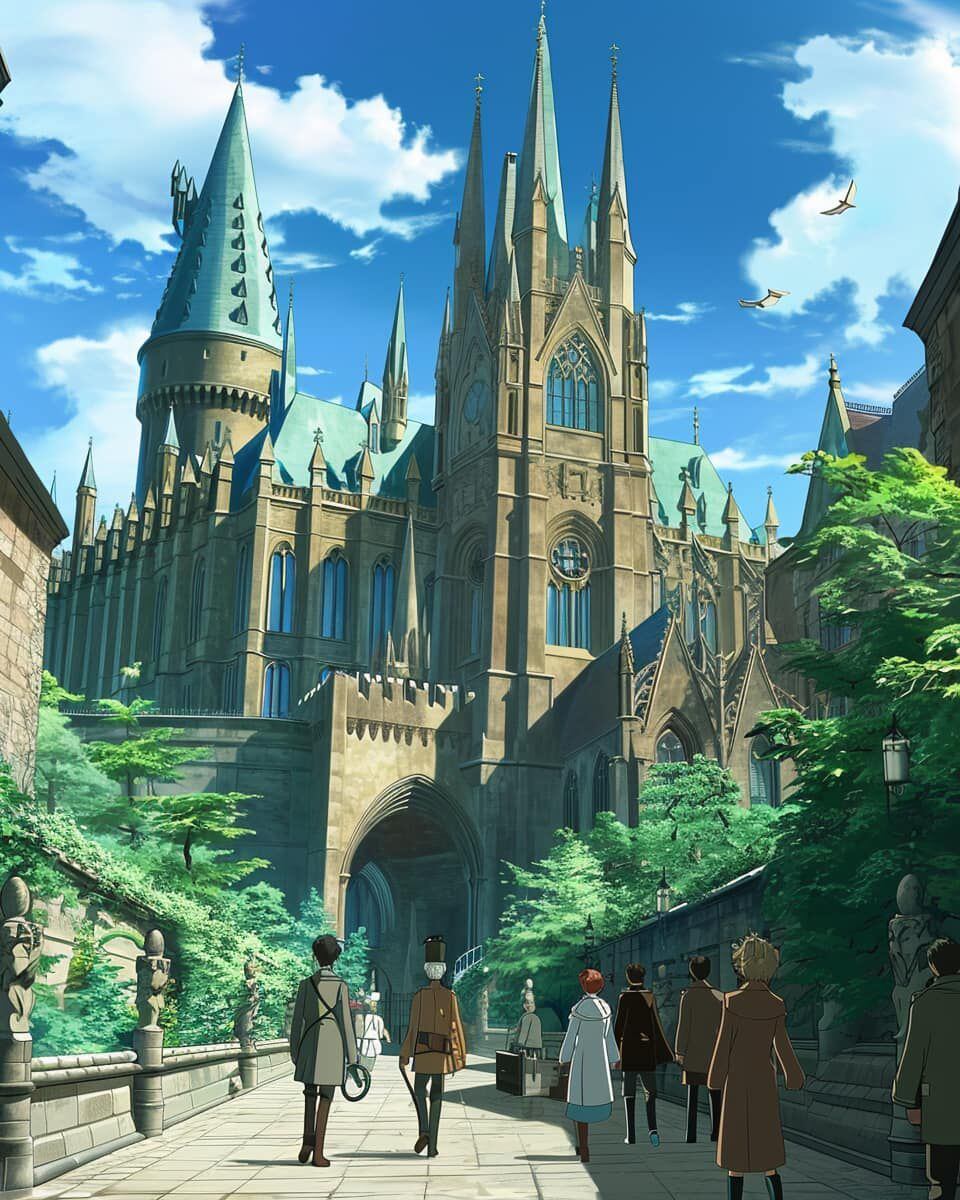 Hogwarts visto desde fuera en estilo Ghibli