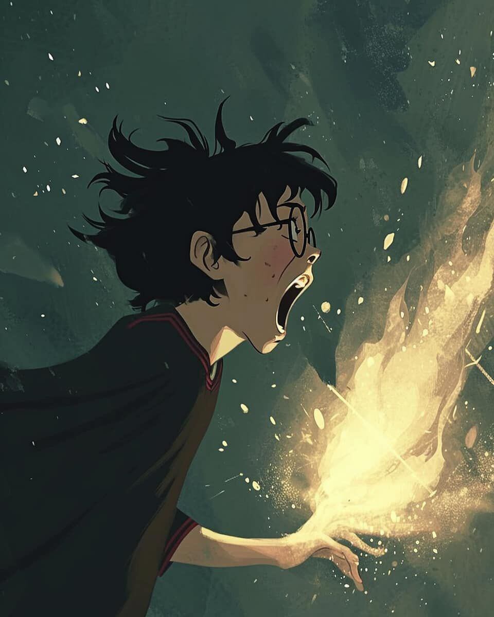 Harry enfrentándose a Voldemort en estilo animado de Ghibli